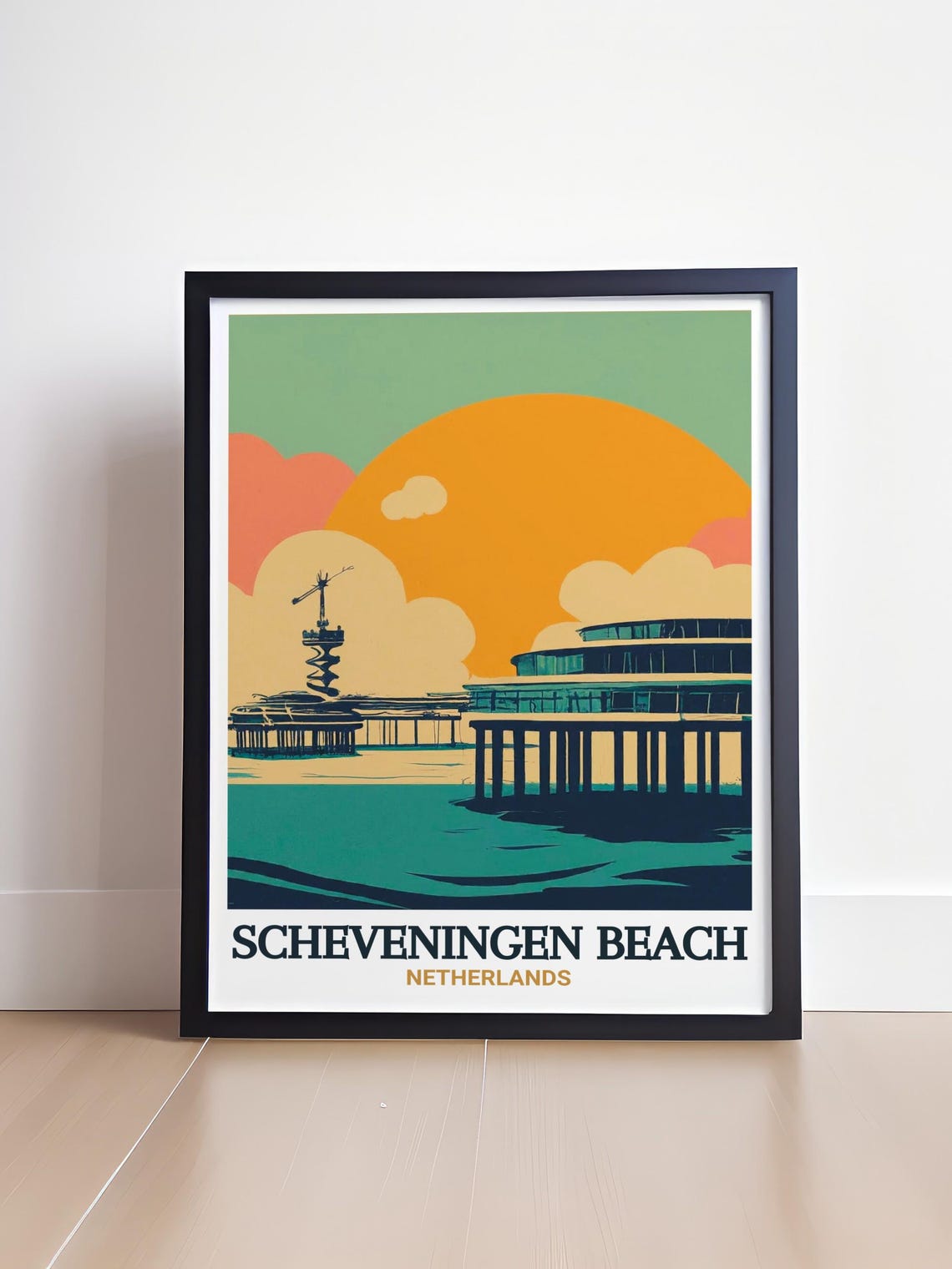Scheveningen Beach Poster with Pier at Sunset in Retro Graphic Style - Image 4