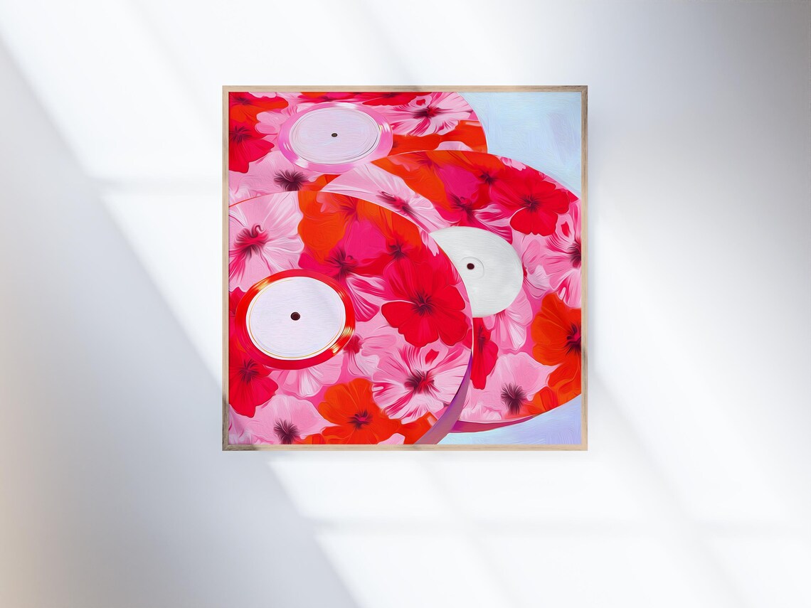 Floral Vinyl Records Pink Hibiscus Retro Music Lover Wall Art - Image 3