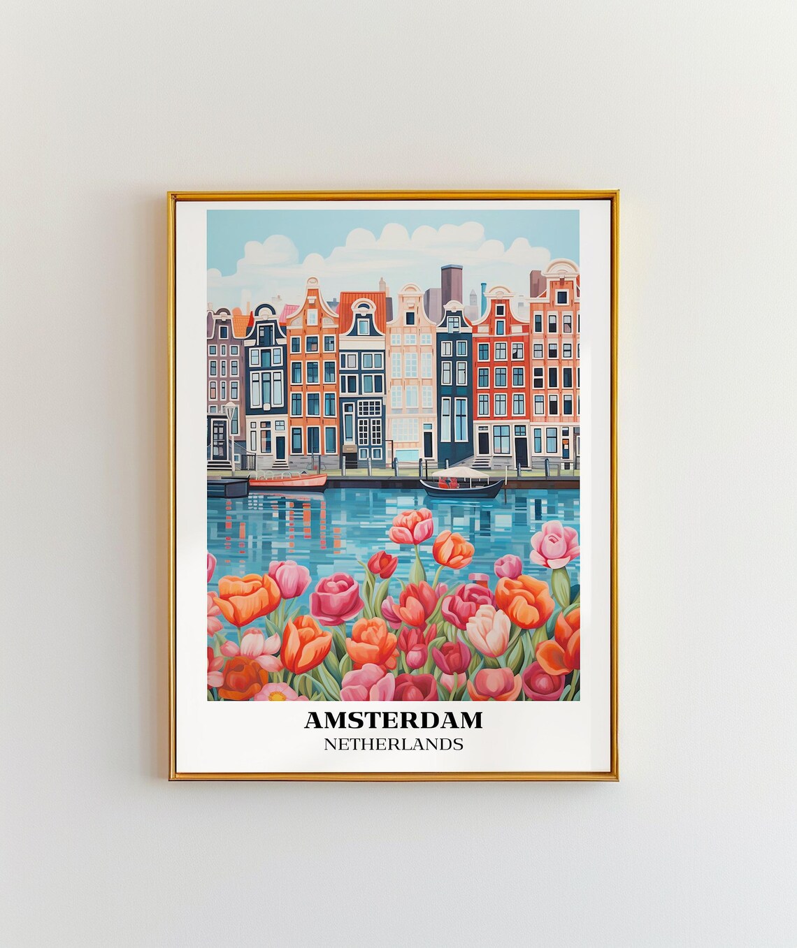 Amsterdam Canal Houses and Blooming Tulips European Travel Poster - Image 3