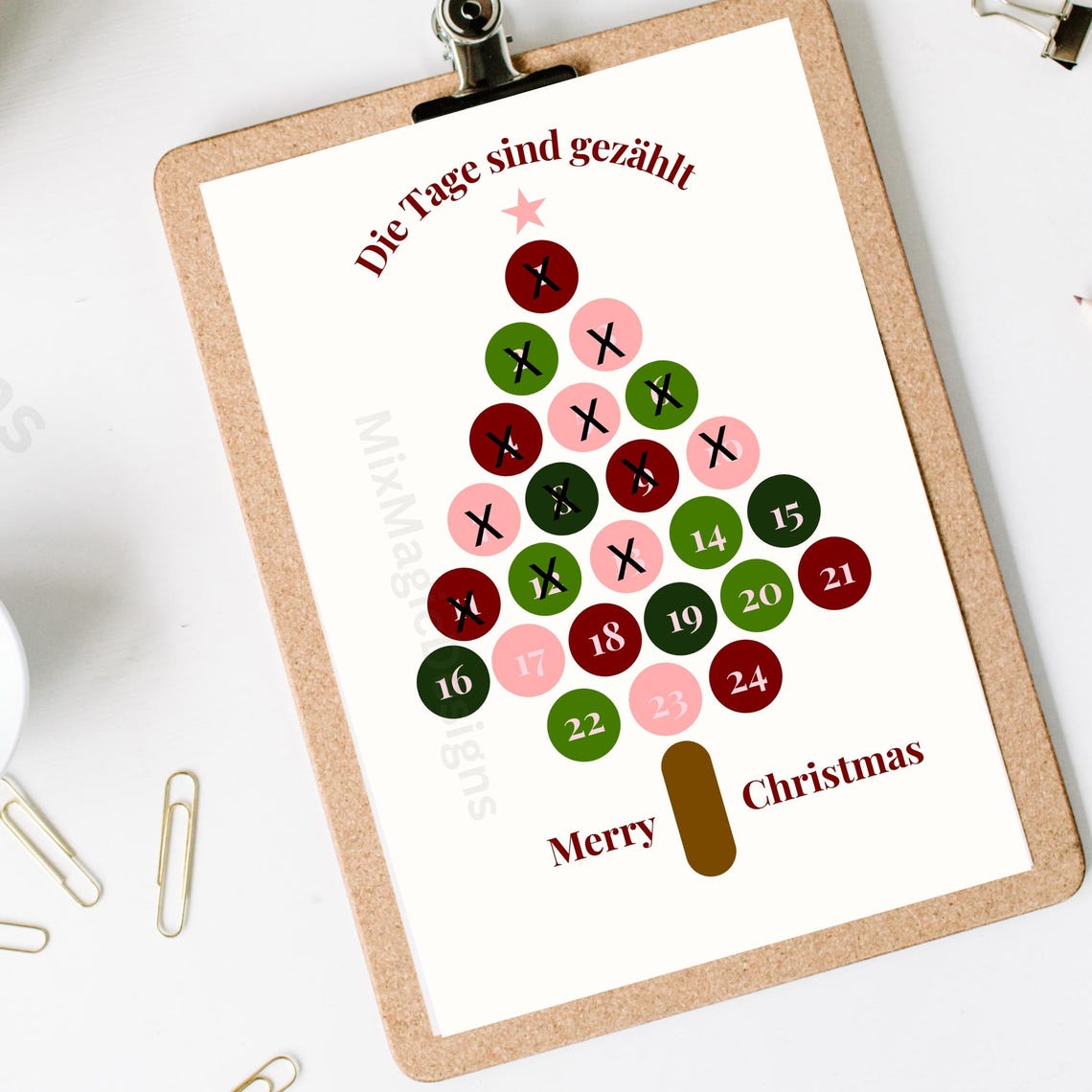 Christmas Countdown Advent Tree Poster German Merry Xmas Decor