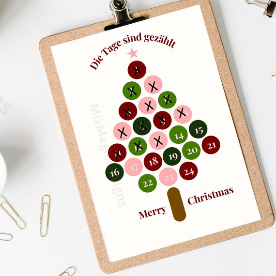 Christmas Countdown Advent Tree Poster German Merry Xmas Decor