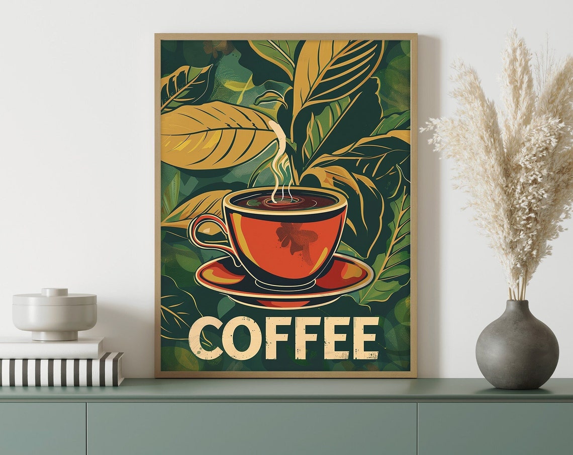 Vintage Large Red Coffee Cup Retro Kitchen Typography Poster