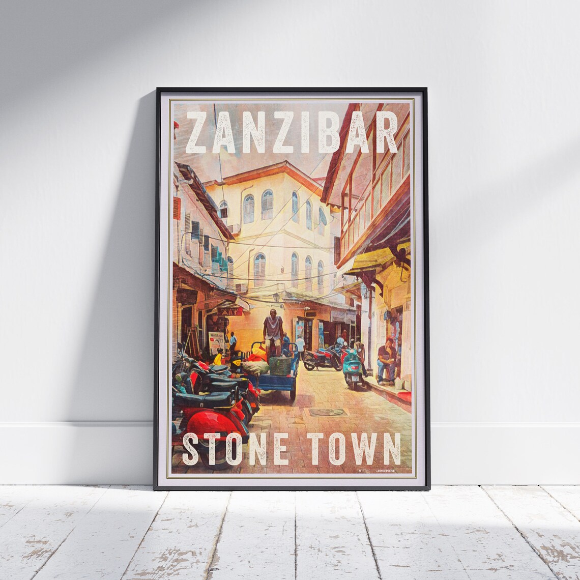 Zanzibar Stone Town Scooter Street Tanzania Retro Travel Poster