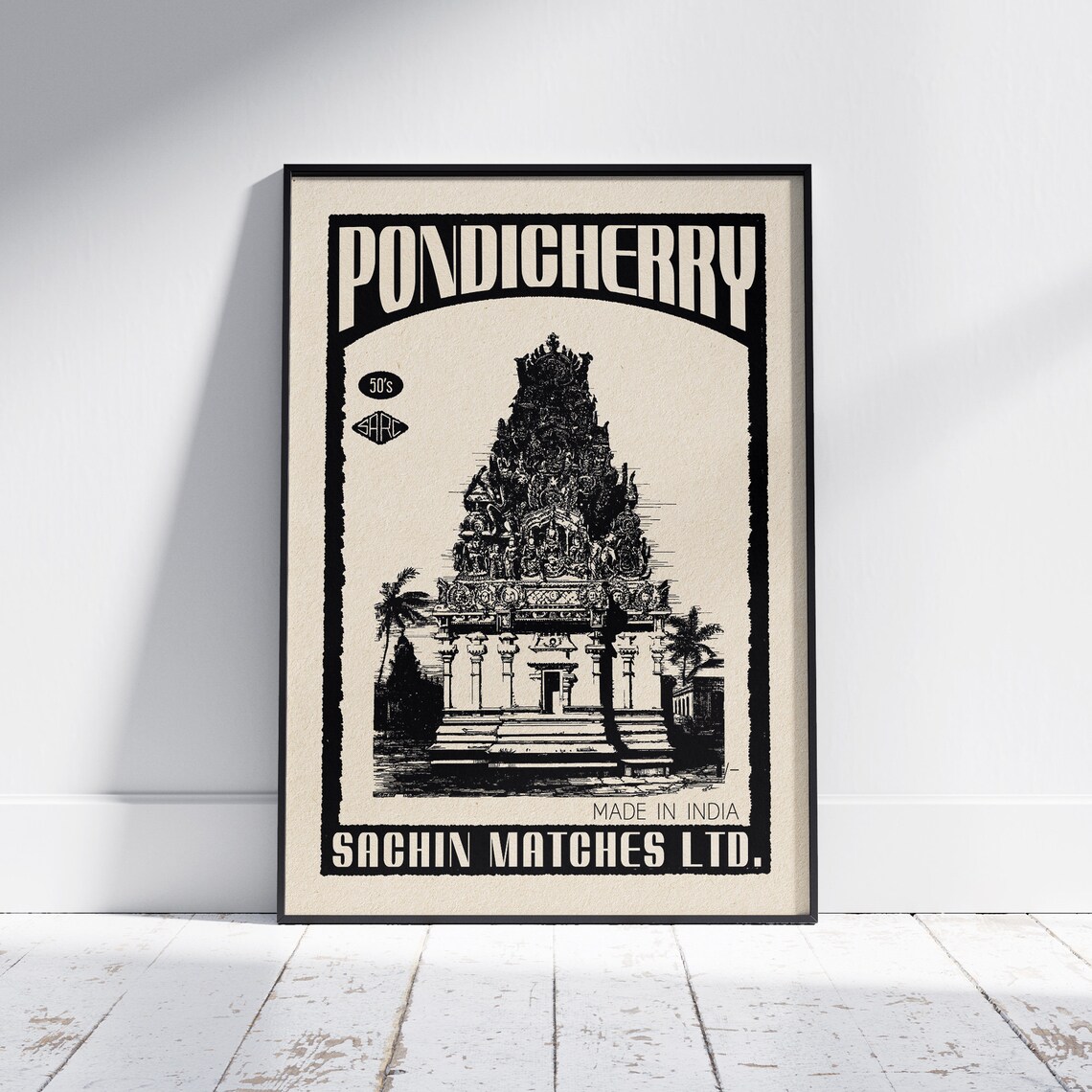 Pondicherry Temple Gopuram Tower Vintage India Travel Art Poster
