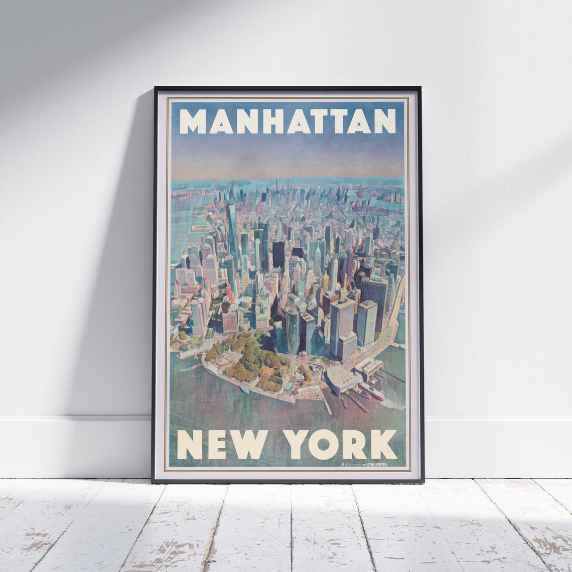 Manhattan New York Aerial Skyline Retro Vintage Travel City Poster