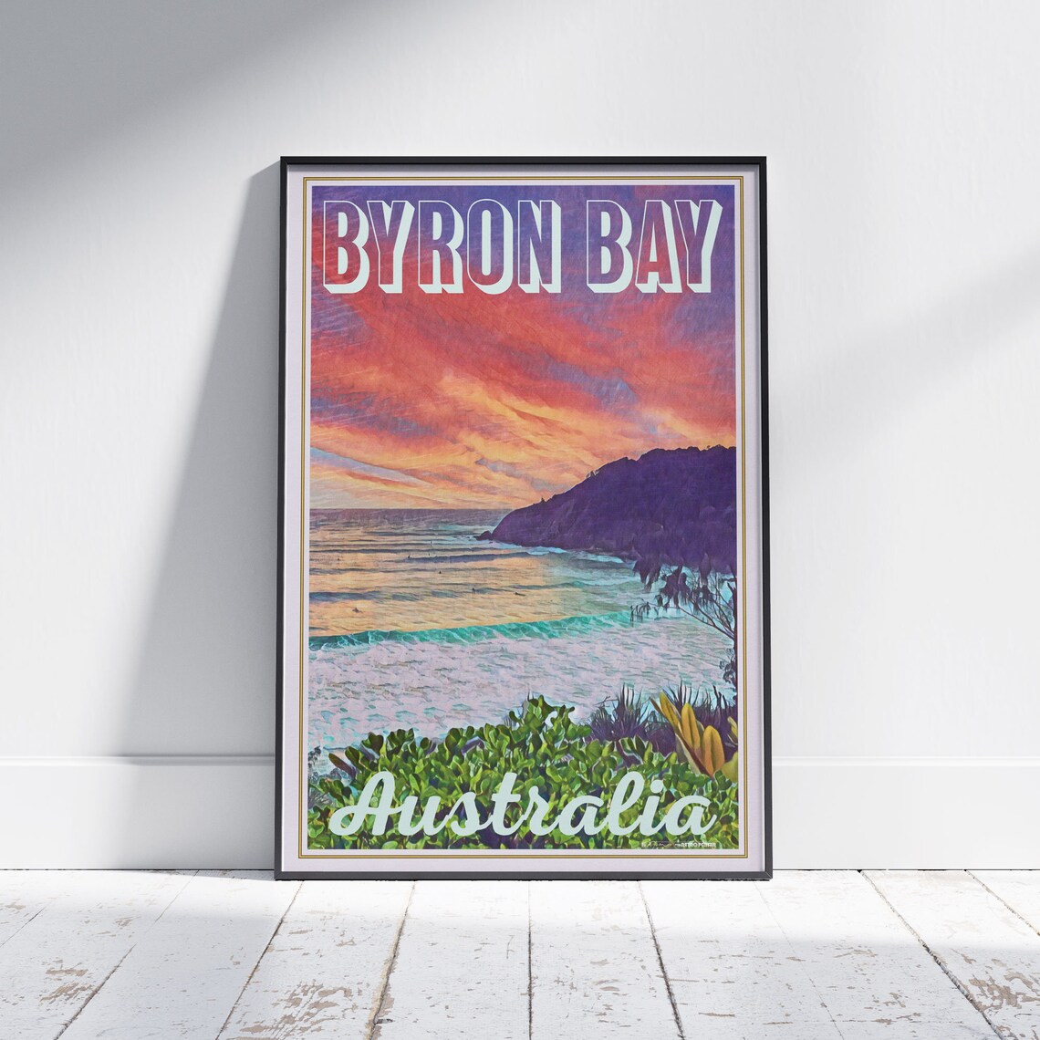 Byron Bay Australia Sunset Beach Waves Headland Vintage Travel Poster