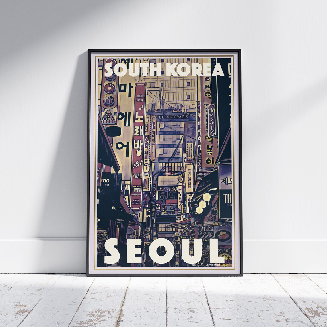 Seoul South Korea Neon Signs Busy Night Street Retro Travel Poster