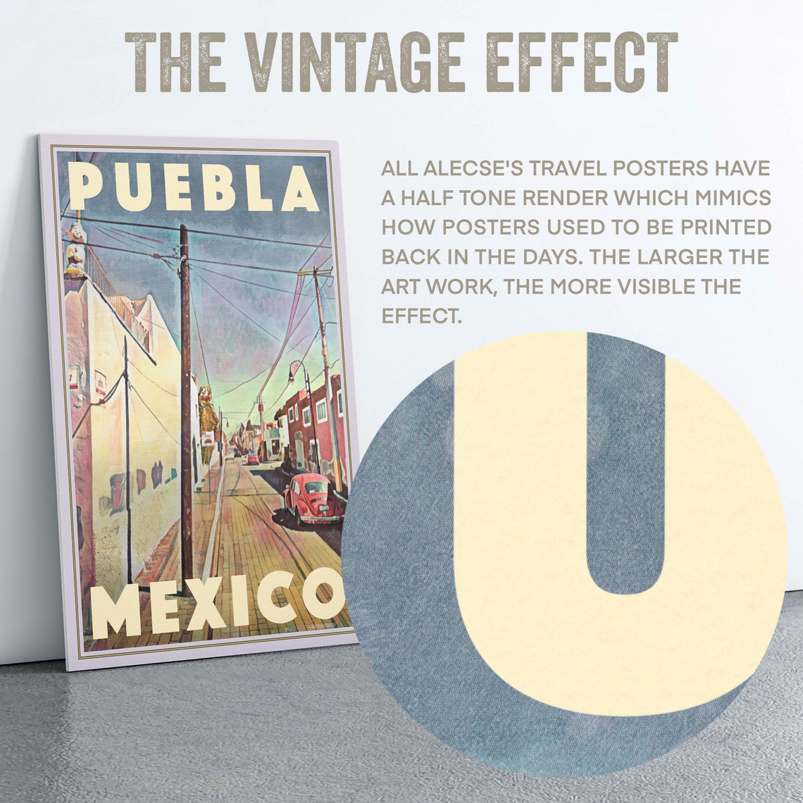 Puebla Mexico Vintage Travel Poster With Red VW Beetle Street Scene - Image 2