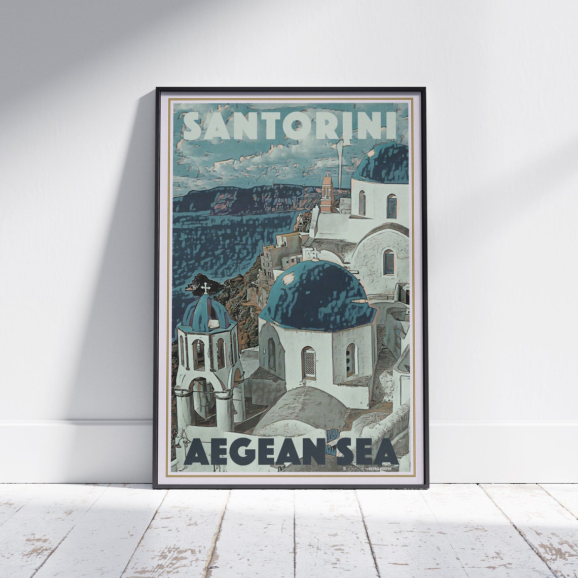 Santorini Aegean Sea Blue Dome Churches Caldera Vintage Travel Poster
