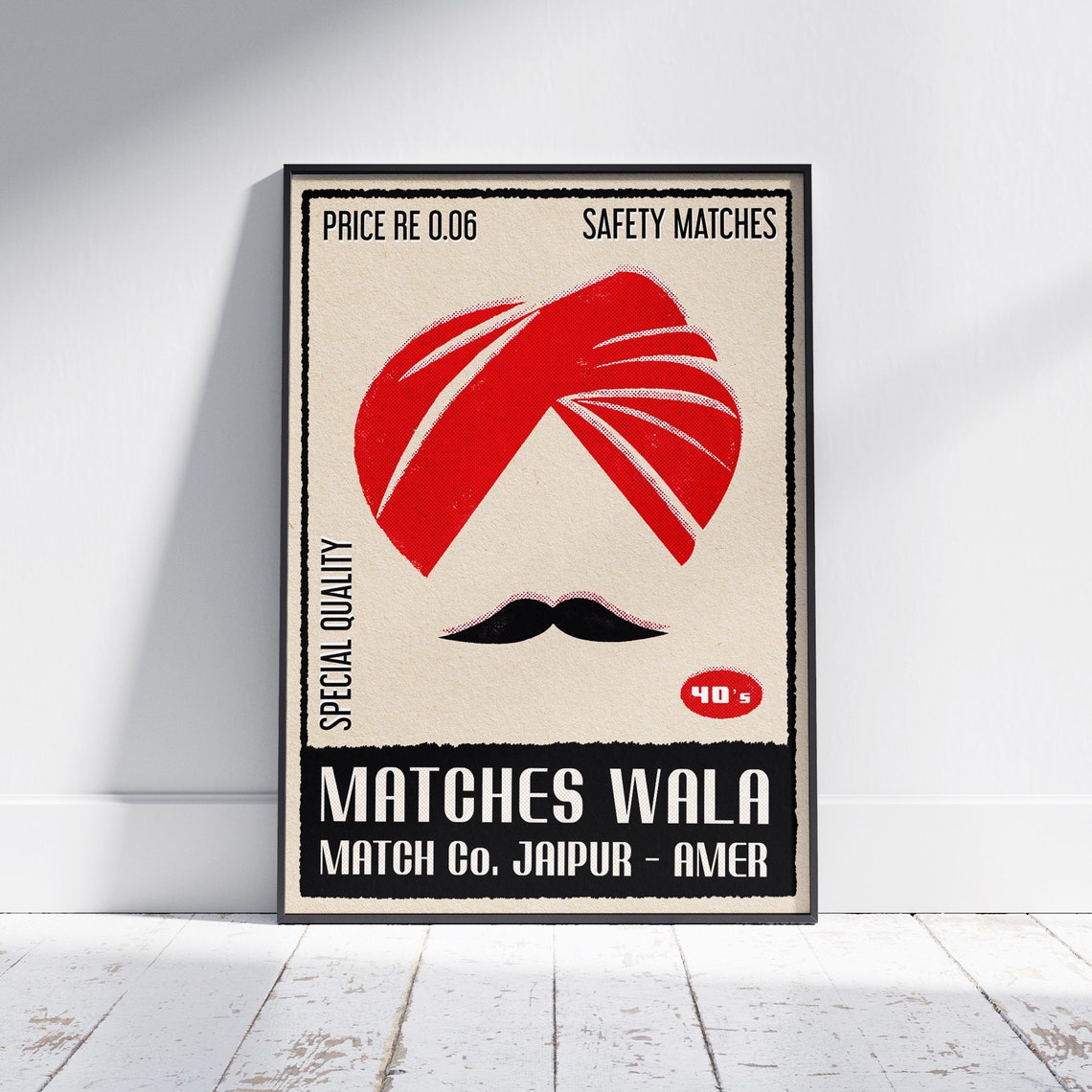 Red Turban Handlebar Mustache Vintage Indian Matchbox Label Poster