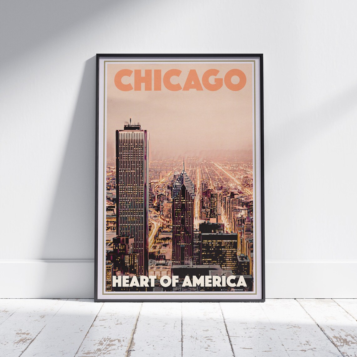 Chicago Heart of America Skyline Dusk Vintage City Travel Poster