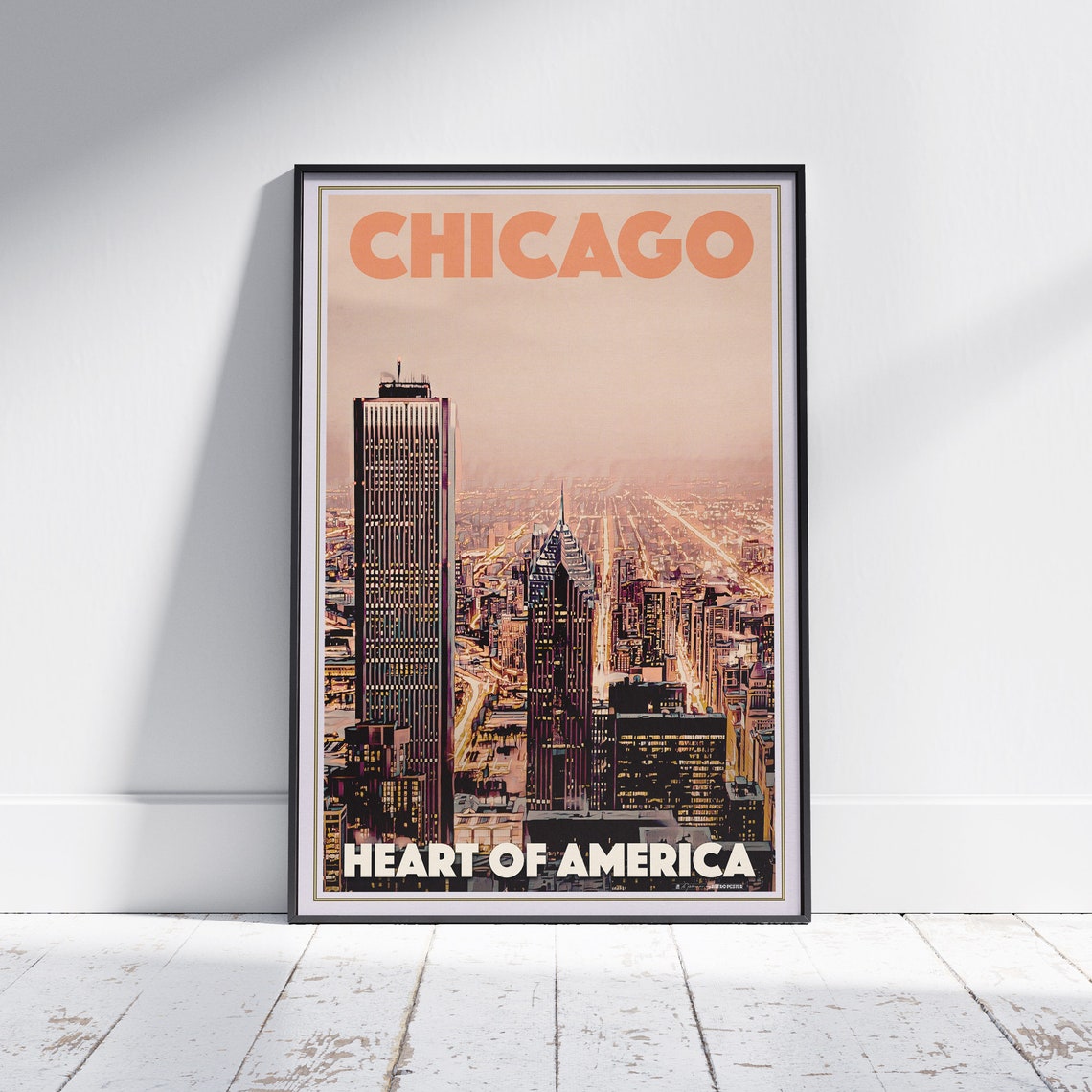 Chicago Poster Heart Of America By Alecse Limited Edition Chicago Print Us Travel Poster Chicago Travel Wall Print Chicago Gift