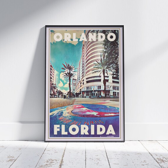 Orlando Florida Downtown Palms Cityscape Retro Travel Wall Poster