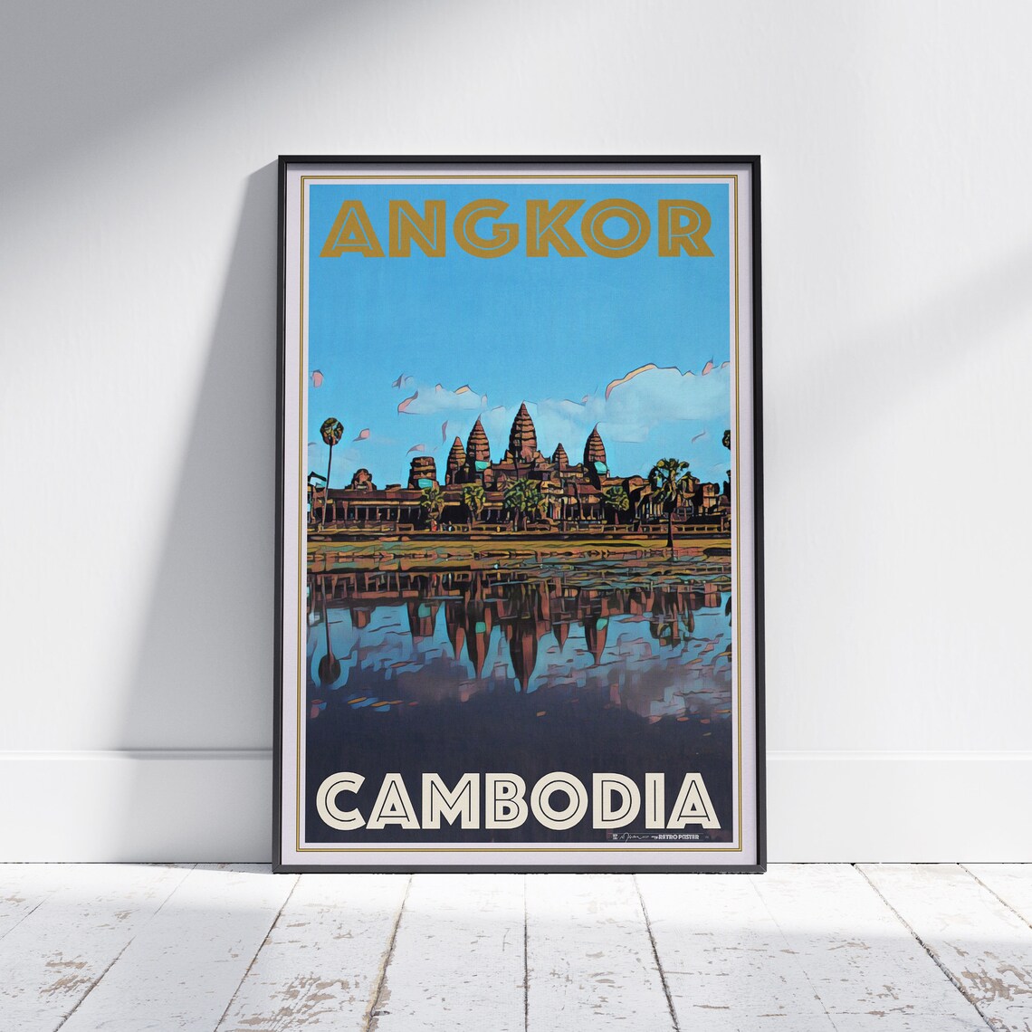 Angkor Wat Temple Sunrise Reflection Cambodia Vintage Travel Poster