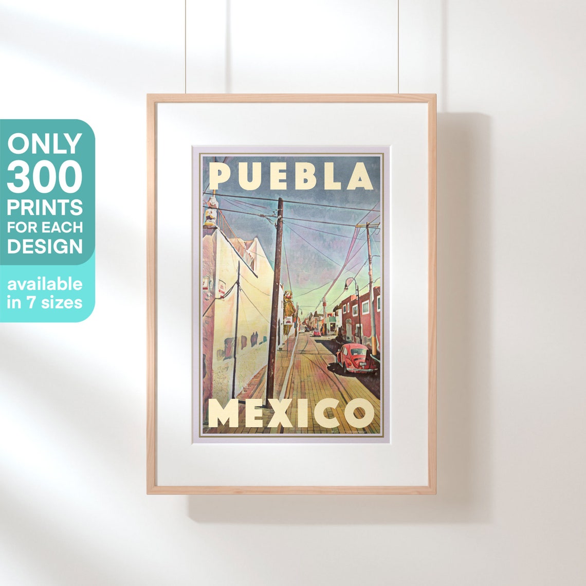 Puebla Mexico Vintage Travel Poster With Red VW Beetle Street Scene - Image 3