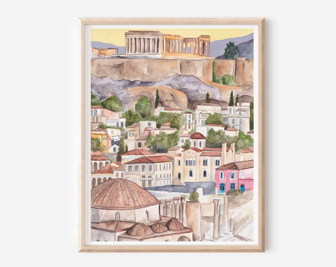 Athens Acropolis Parthenon Watercolor Cityscape Old Town View Poster