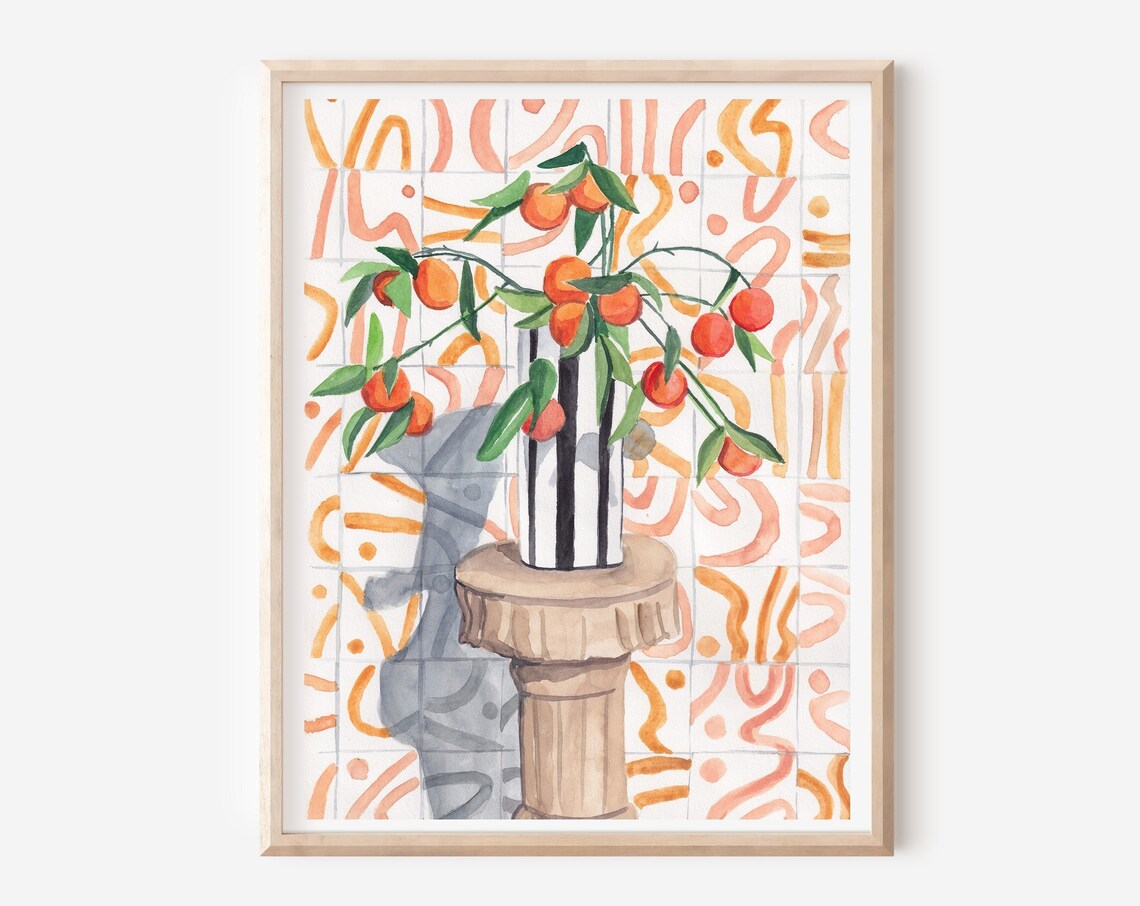 Citrus Orange Branch In Striped Vase Still Life Watercolor Wall Art