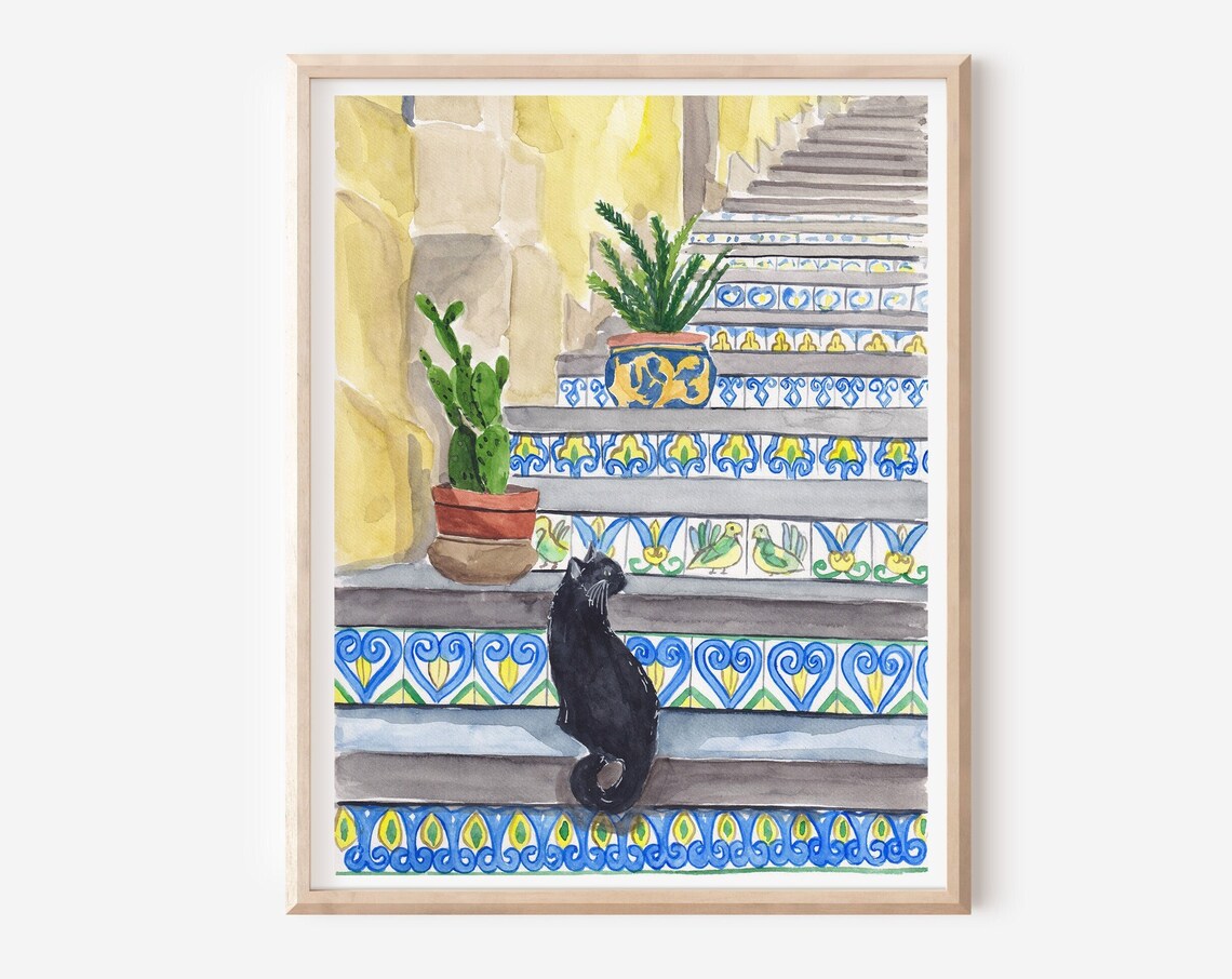 Sicily Steps Cat Vintage Art Print, Sicilian Tiles