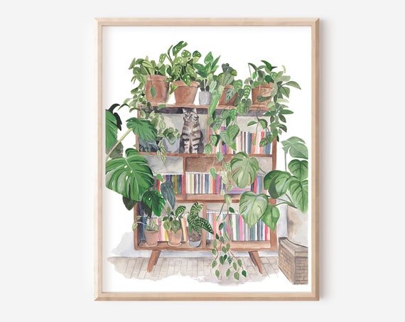 Cat and Plants Bookshelf Art Print, Boho Decor