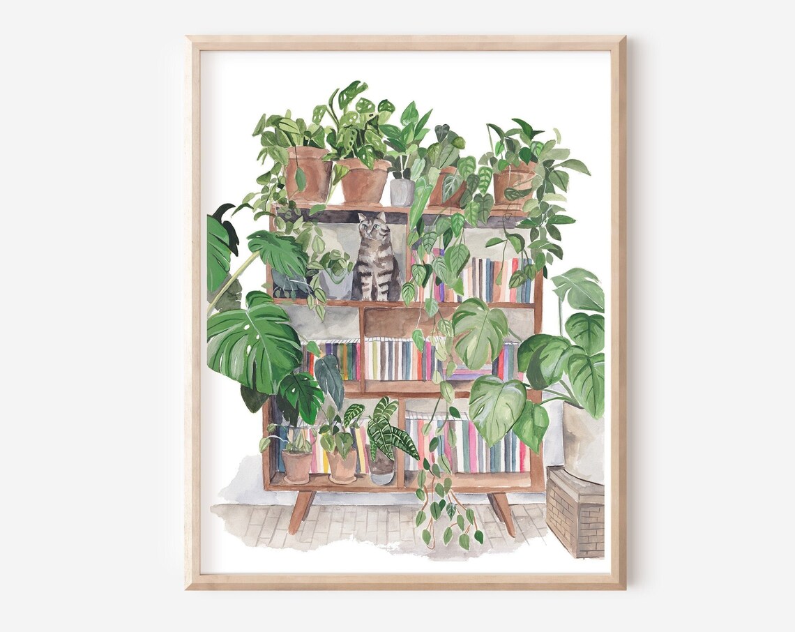 Cat and Plants Bookshelf Art Print, Boho Decor