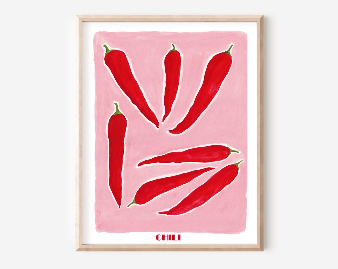 Red Chili Peppers Watercolor On Pink Background Bold Kitchen Wall Art