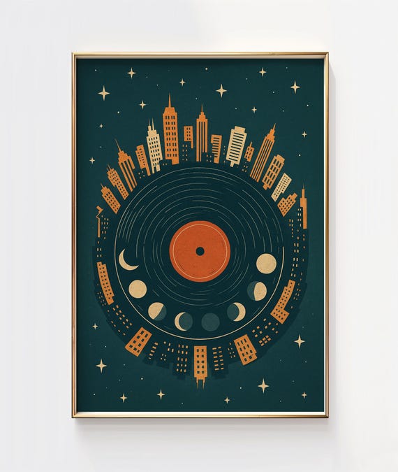 Retro Cityscape Moon Phases Print Urban Night Art Vinyl