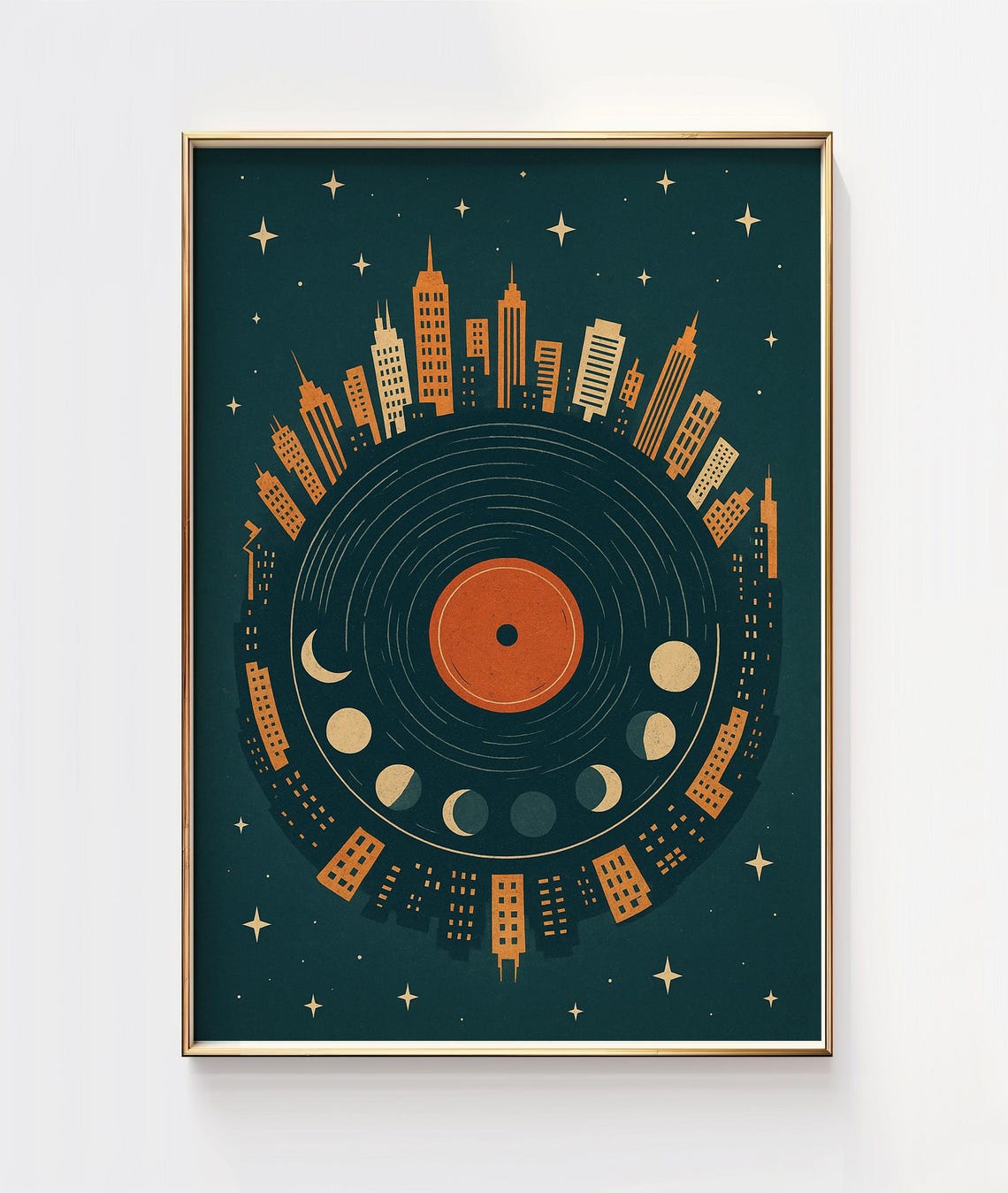 Retro Cityscape Moon Phase Vinyl Record Night Sky Urban Print