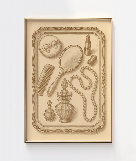 Vintage Vanity Tray Engraved Perfume Mirror Lipstick Art Poster