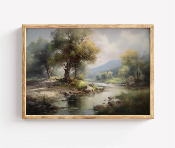 Forest River Landscape Painting Tranquil Nature Art Print