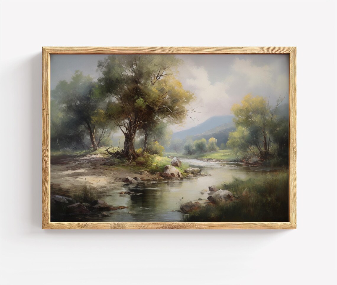 Tranquil Misty Forest River Woodland Landscape Painting Poster