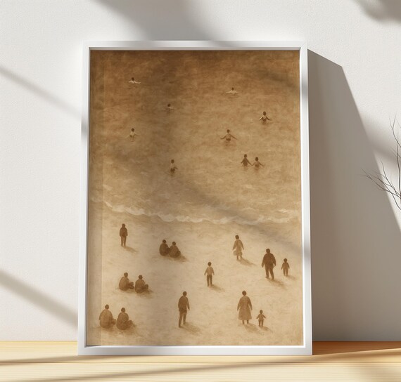Sepia Tone Beach Swimmers Vintage Style Minimalist Coastal Poster