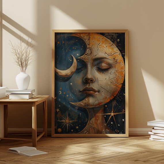 Surreal Moon Face Art Print Celestial Woman Portrait
