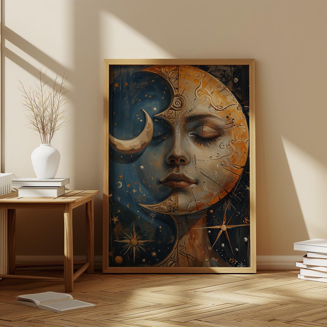 Surreal Moon Face Celestial Woman Mystical Starry Night Poster