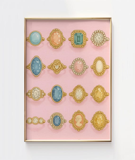 Girly Vintage Wall Art Jewelry Ring Illustration Print Pastel Pink Gold Whimsical Feminine Decor