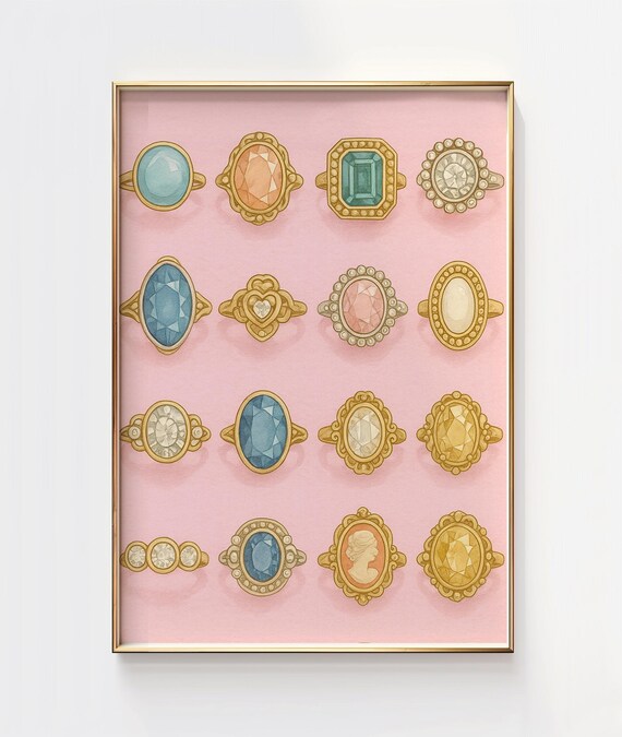 Vintage Gemstone Rings Pink Jewelry Illustration Pastel Wall Art