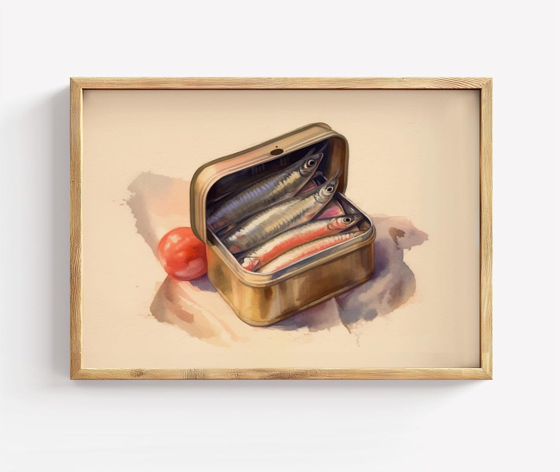 Sardine Tin Watercolor Still Life Open Can Fish Kitchen Art Poster