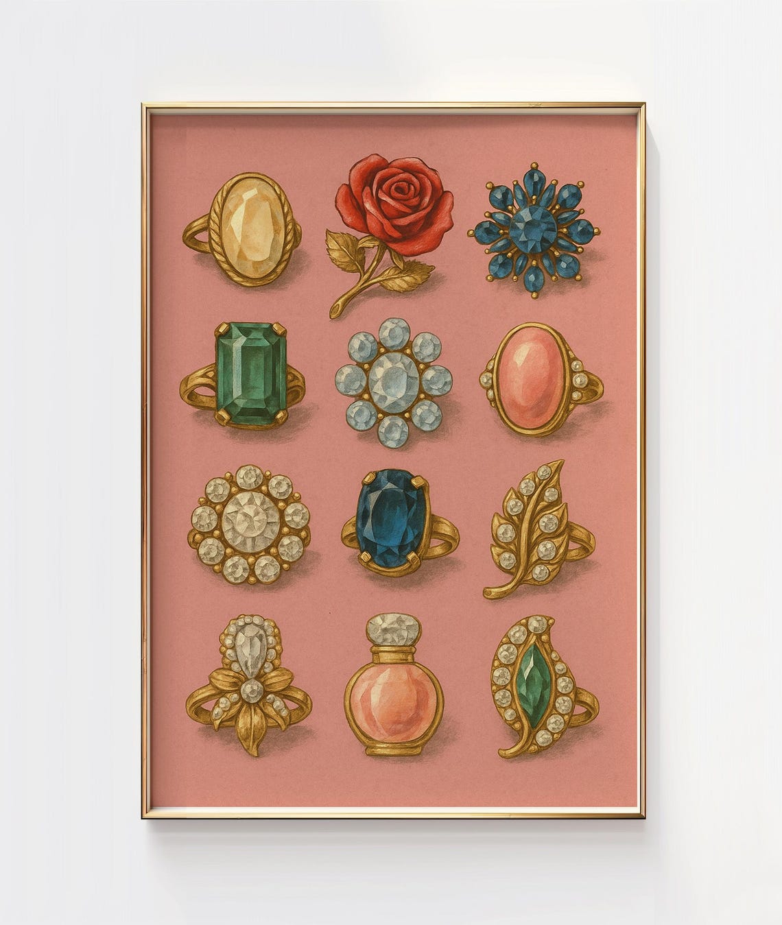 Girly Vintage Wall Art Gemstone Rings Illustration Feminine Retro Decor Pink Background Print