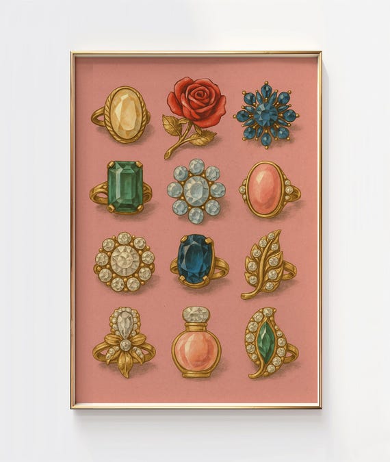 Girly Vintage Wall Art Gemstone Rings Illustration Feminine Retro Decor Pink Background Print