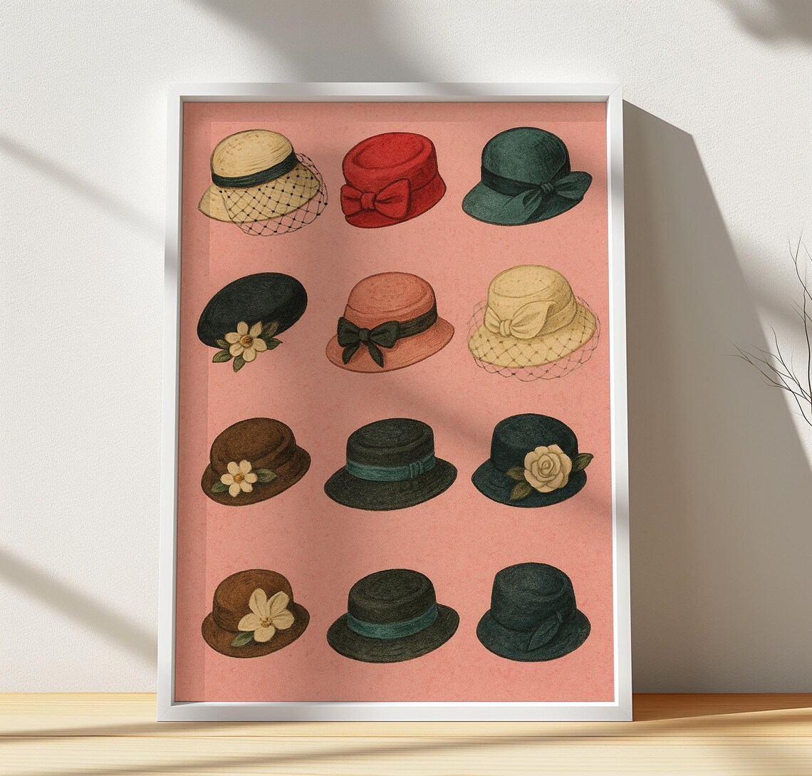 Retro Ladies Cloche Hats Grid Vintage Fashion Illustration Print