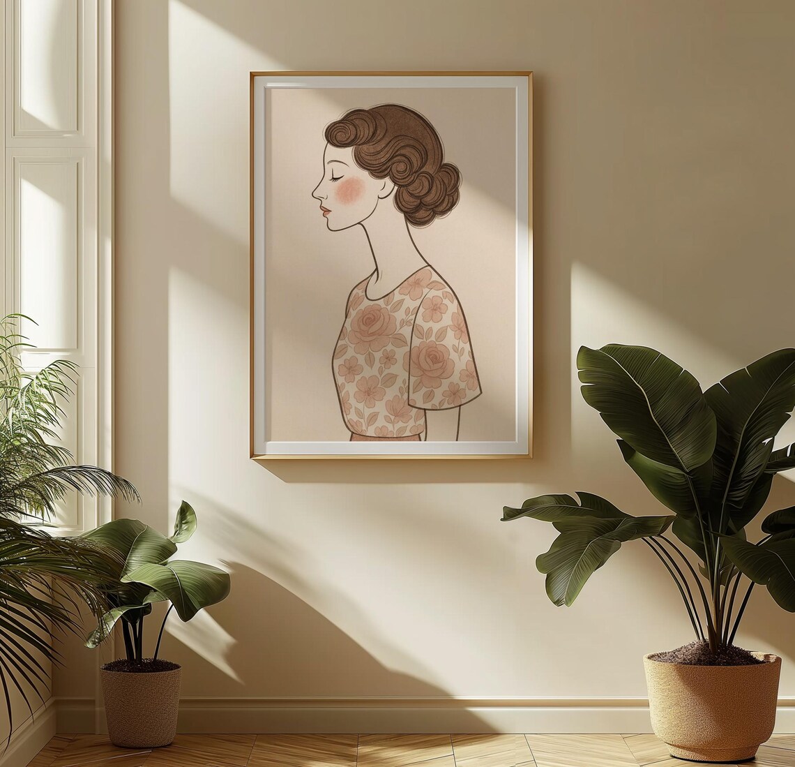 Vintage Floral Woman Portrait Profile Sepia Rose Feminine Art Print