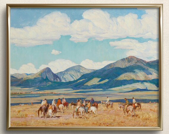 Western Riders Horseback Mountain Plain Vintage Western Painting Art Poster