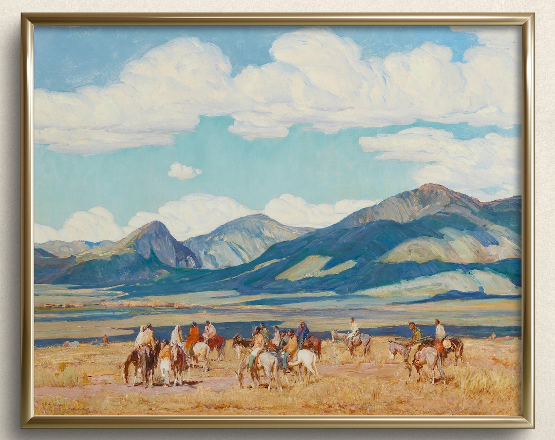 Western Riders Horseback Mountain Plain Vintage Western Painting Art Poster