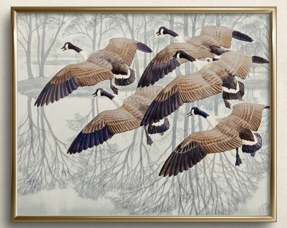 Canada Geese Alighting Goose Print Moody Wall Art Vintage Kitchen Prints Vintage Kitchen Painting Vintage Goose Painting A64