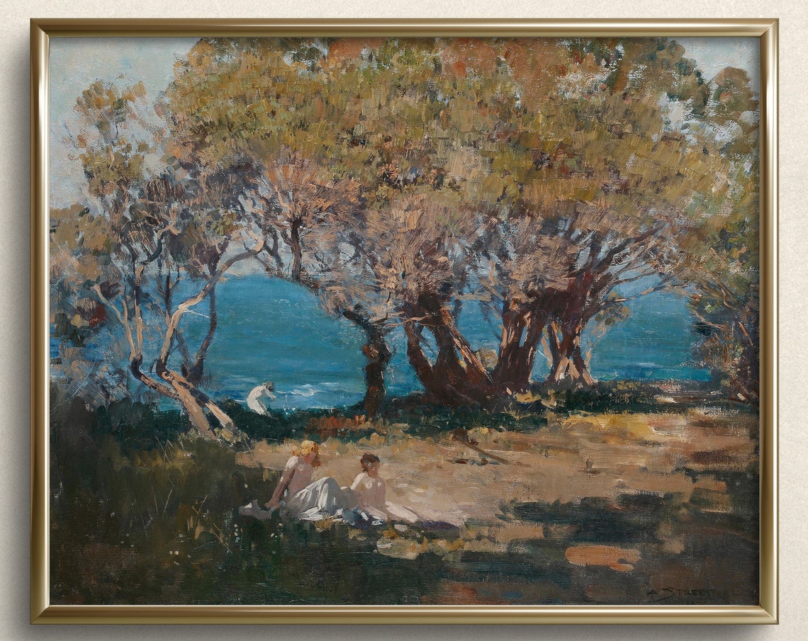 Seaside Pastoral Vintage Ocean Landscape Painting French Country Art Lakeside Painting Seascape Art Prints A78