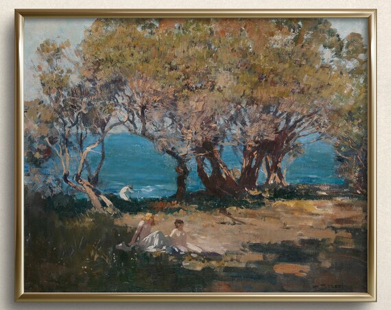 Picnic Under Coastal Trees By The Sea Vintage Impressionist Art Print