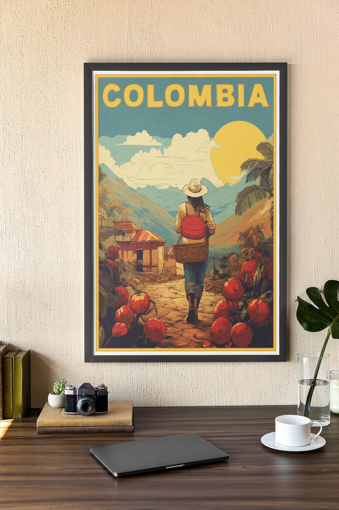 Colombia Coffee Harvester Plantation Mountain Sunset Travel Poster