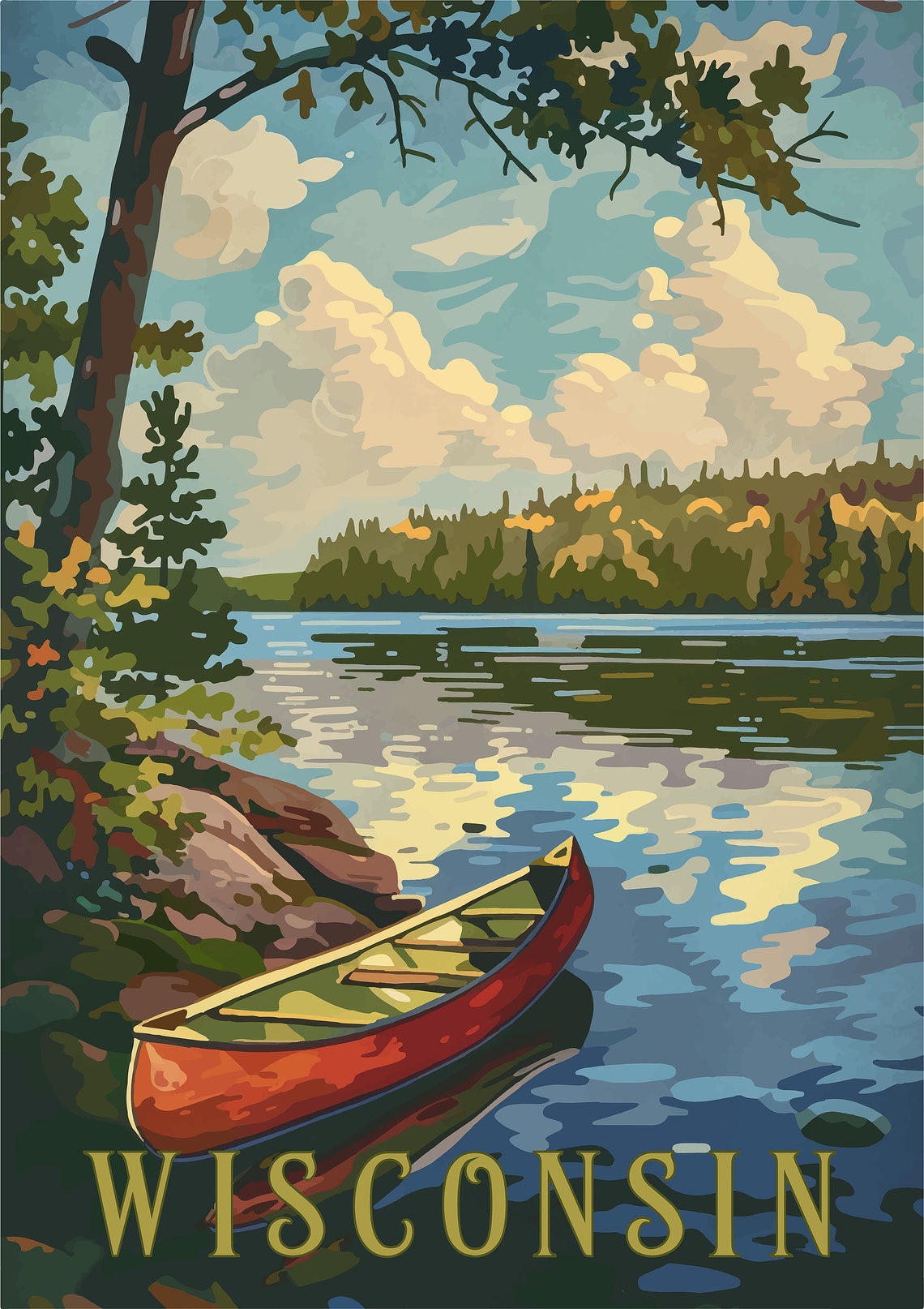Wisconsin Lake Shore with Red Canoe Rustic Travel Poster Art