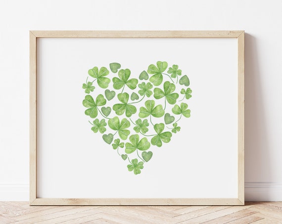 Shamrock Heart Print, Watercolor St. Patricks Day Decor