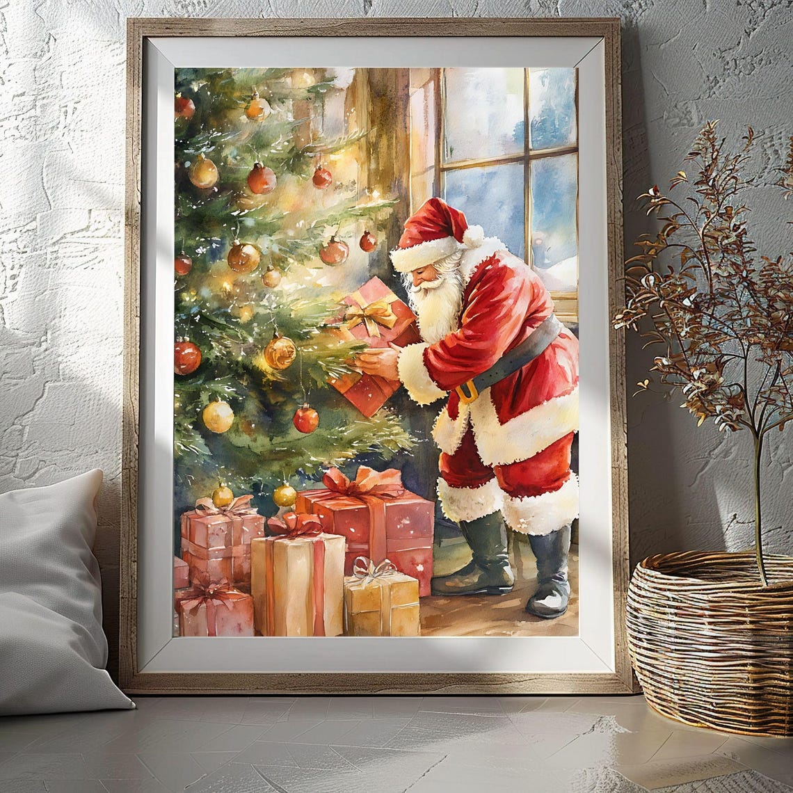 Santa Claus Setting Gift Under Christmas Tree Watercolor Poster