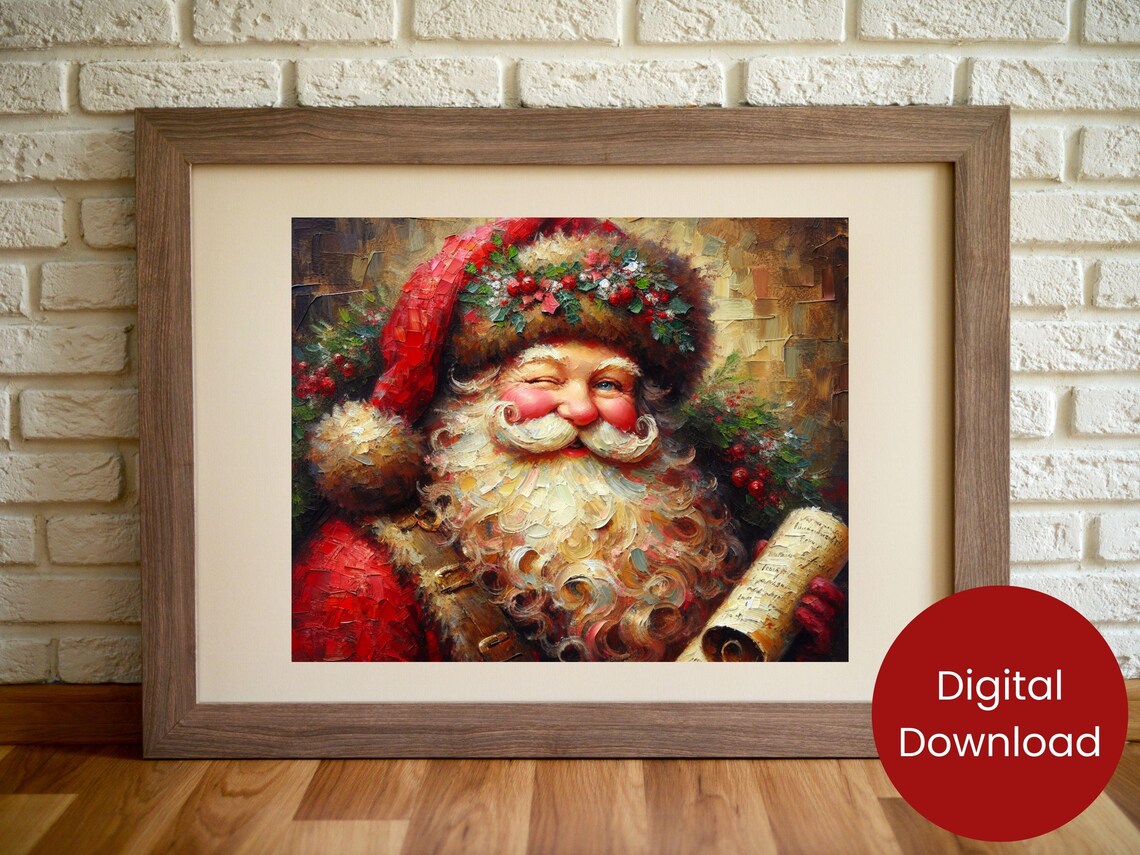 Winking Santa Claus Holding Naughty Nice List Oil Painting Poster